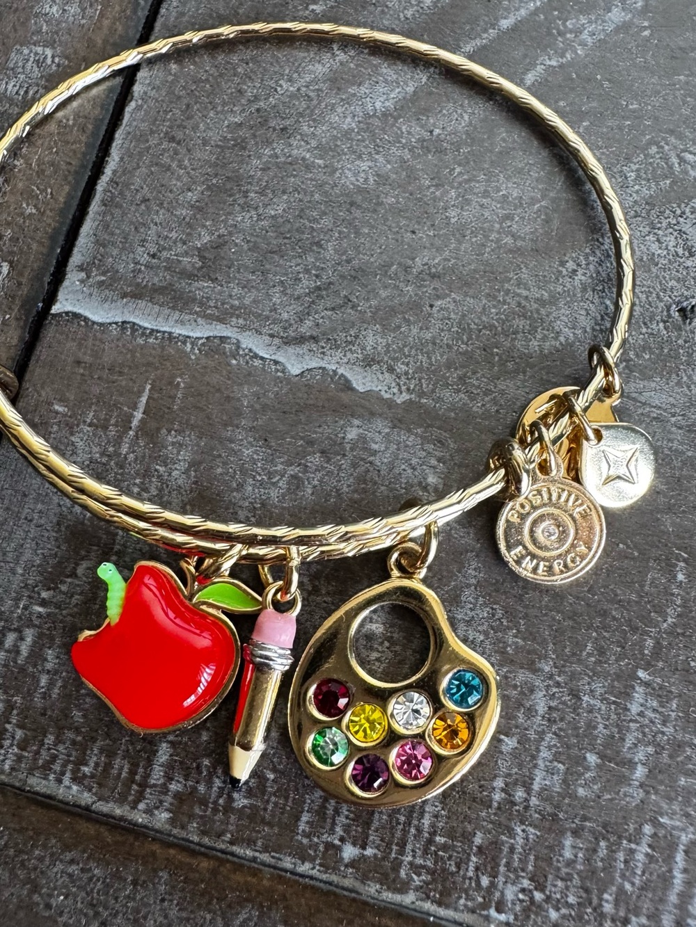 Alex and Ani Gold-Tone Teacher Charm Bangle with Red Apple and Multicolor Gems